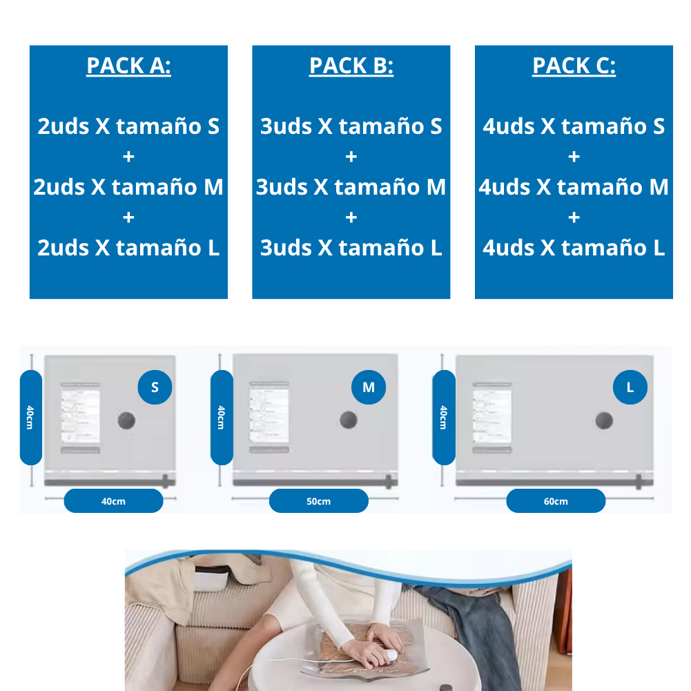 COMPACT-BAGS Bolsas al Vacío para Viajar + Mini aspirador USB